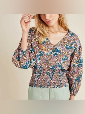 Anthropologie Blue Pink Floral Smocked V-Neck Blouse